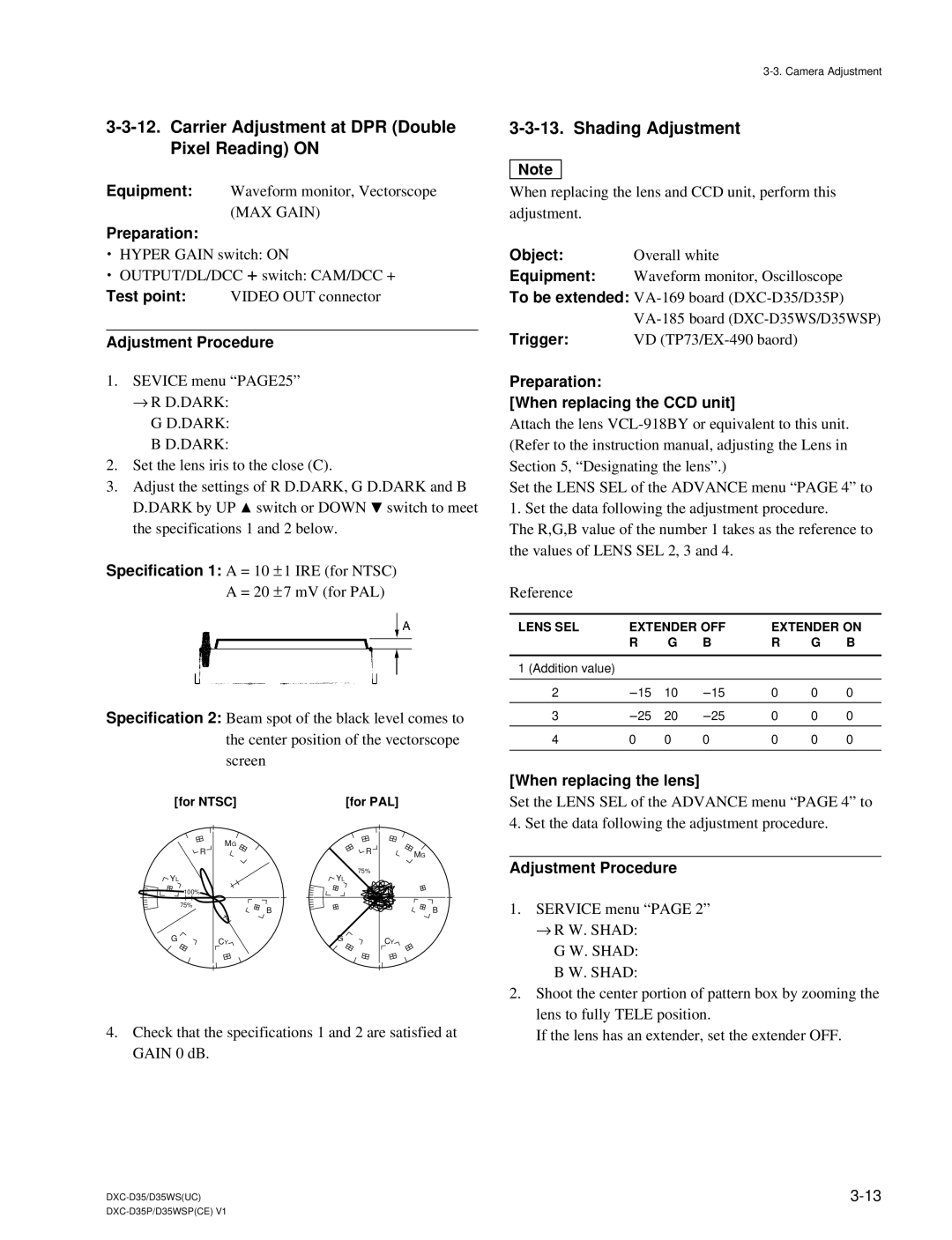 Sony DXC-D35 service manual Carrier Adjustment at DPR Double Pixel Reading on, Shading Adjustment, When replacing the lens 