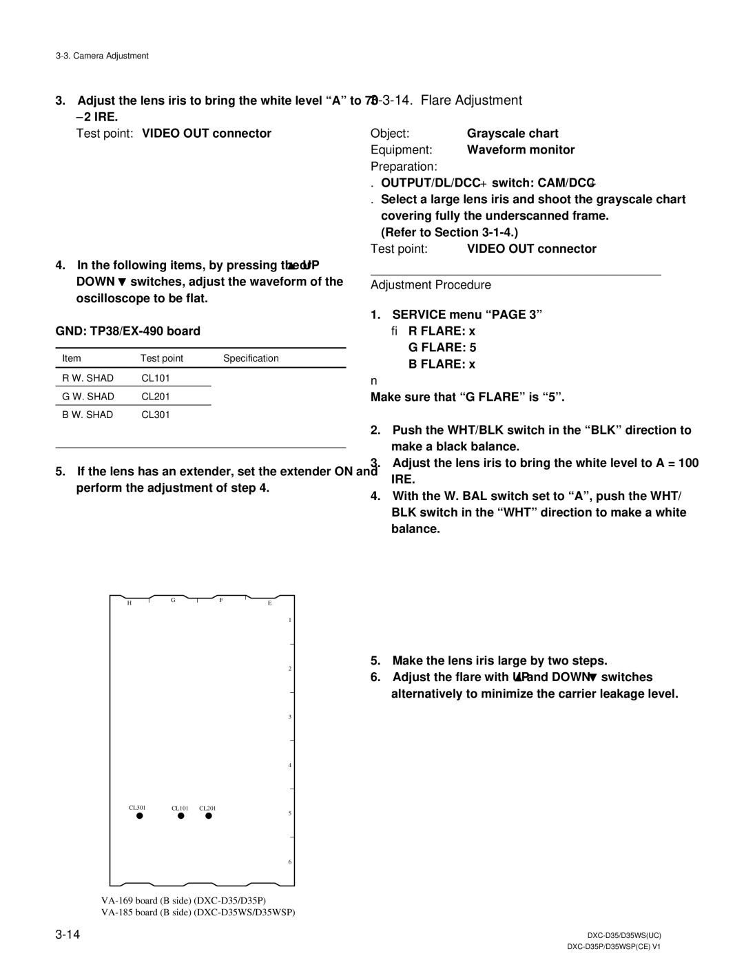 Sony DXC-D35 service manual Flare Adjustment, Test point Specification 