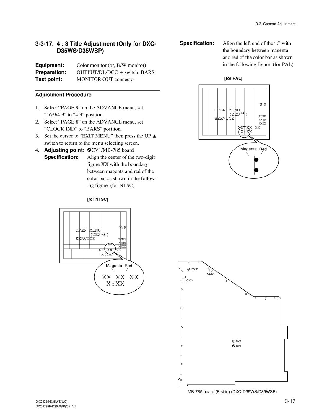 Sony DXC-D35 service manual 17 3 Title Adjustment Only for DXC- D35WS/D35WSP, Adjusting point 1CV1/MB-785 board 