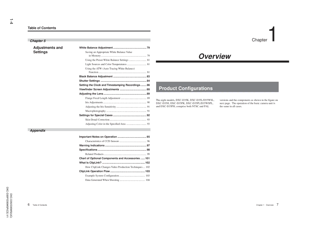 Sony DXC-D35 service manual Product Configurations, Table of Contents 