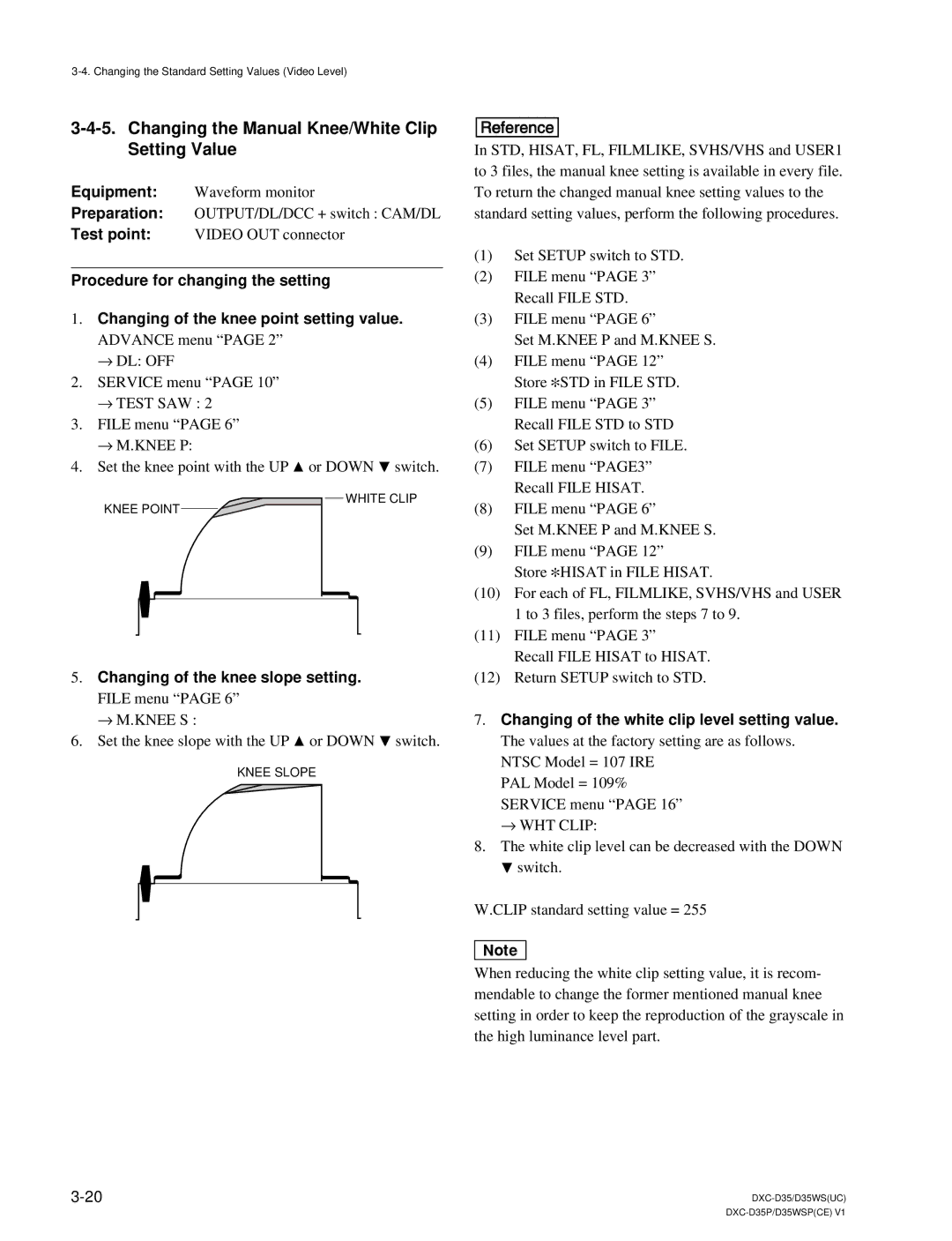 Sony DXC-D35 service manual Changing the Manual Knee/White Clip Setting Value, Changing of the knee slope setting 