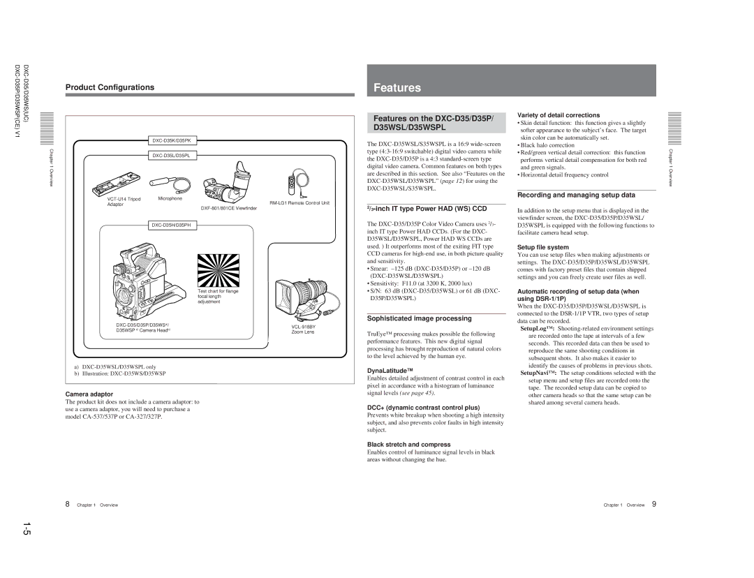 Sony service manual Product Configurations, Features on the DXC-D35/D35P/ D35WSL/D35WSPL 