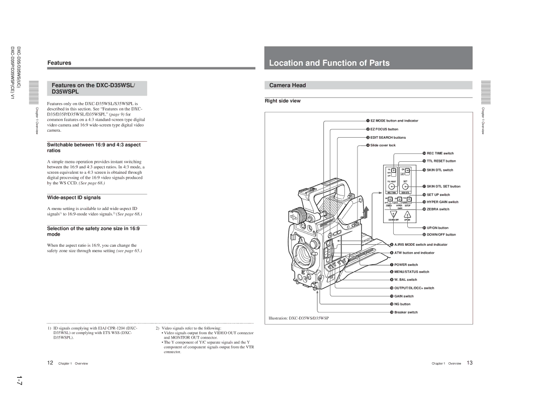 Sony service manual Location and Function of Parts, Features Features on the DXC-D35WSL, Camera Head 