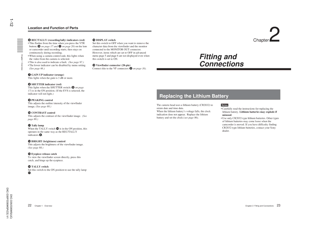 Sony DXC-D35 service manual Replacing the Lithium Battery 