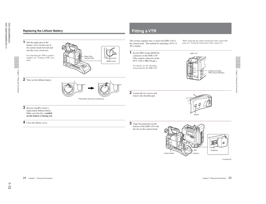 Sony DXC-D35 service manual Fitting a VTR, Replacing the Lithium Battery, On the battery is facing you 