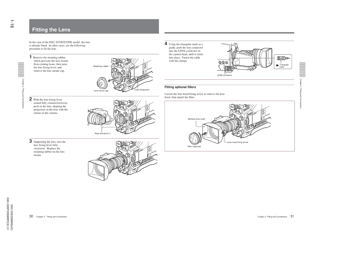 Sony DXC-D35 service manual 16Fitting the Lens, Fitting optional filters, With the lens fixing lever, Cutout on the camera 