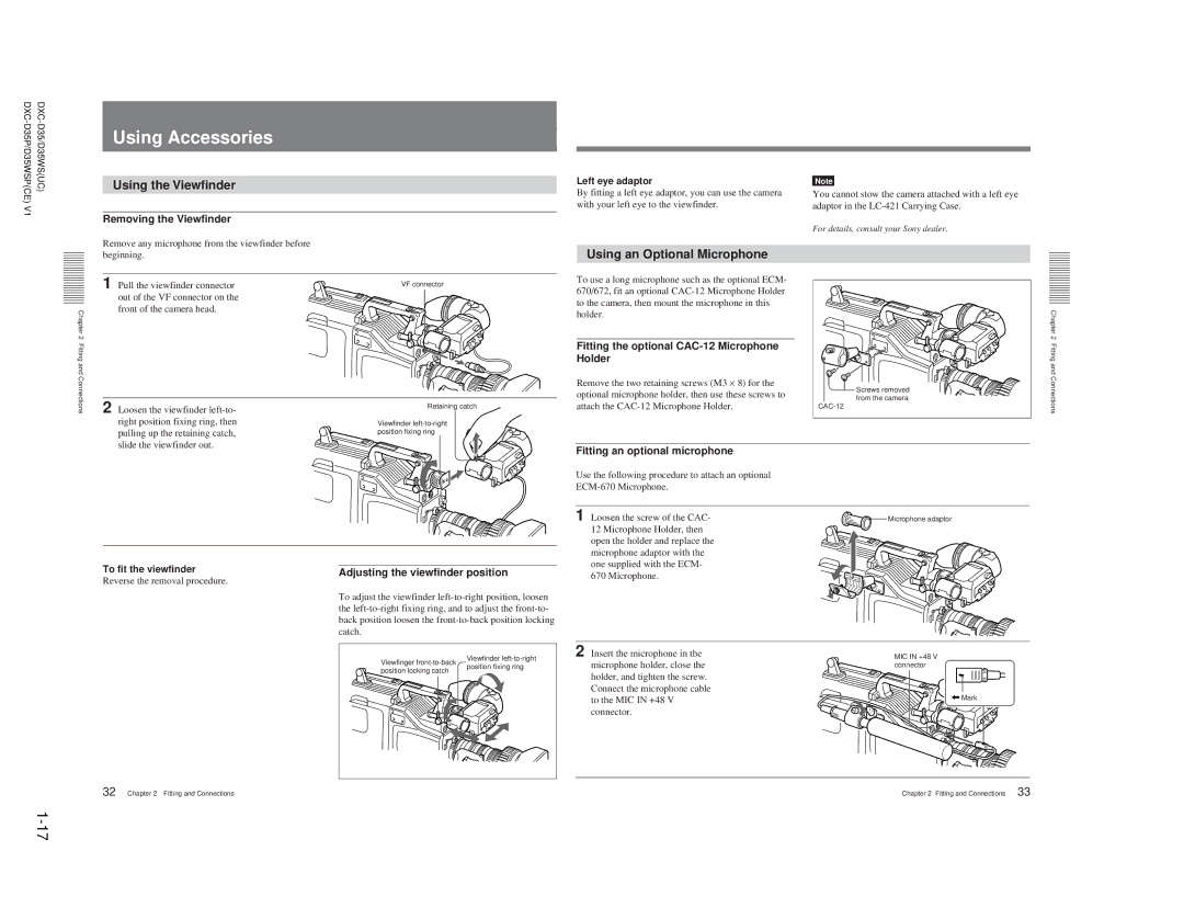 Sony DXC-D35 service manual Using Accessories, Using the Viewfinder, Using an Optional Microphone 