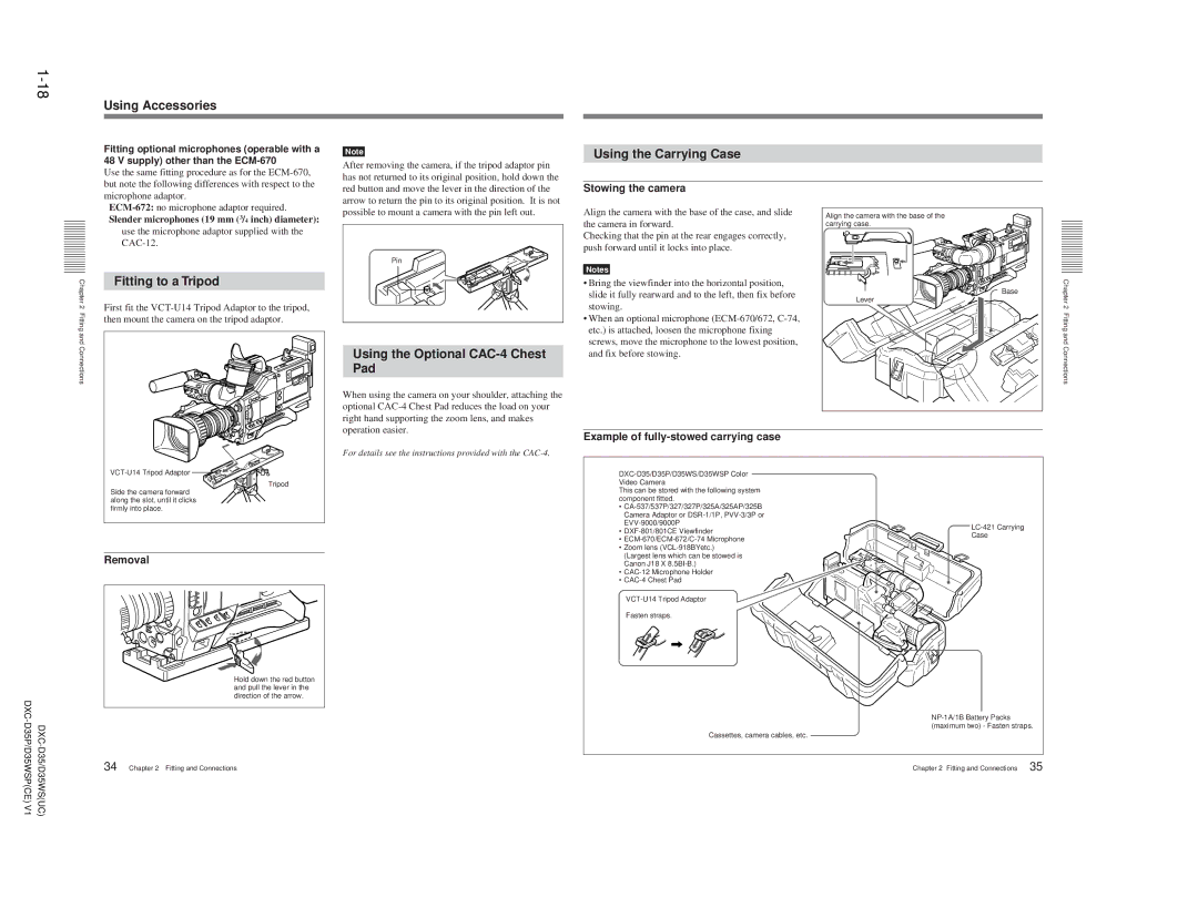 Sony DXC-D35 Using Accessories, Fitting to a Tripod, Using the Optional CAC-4 Chest Pad Using the Carrying Case 