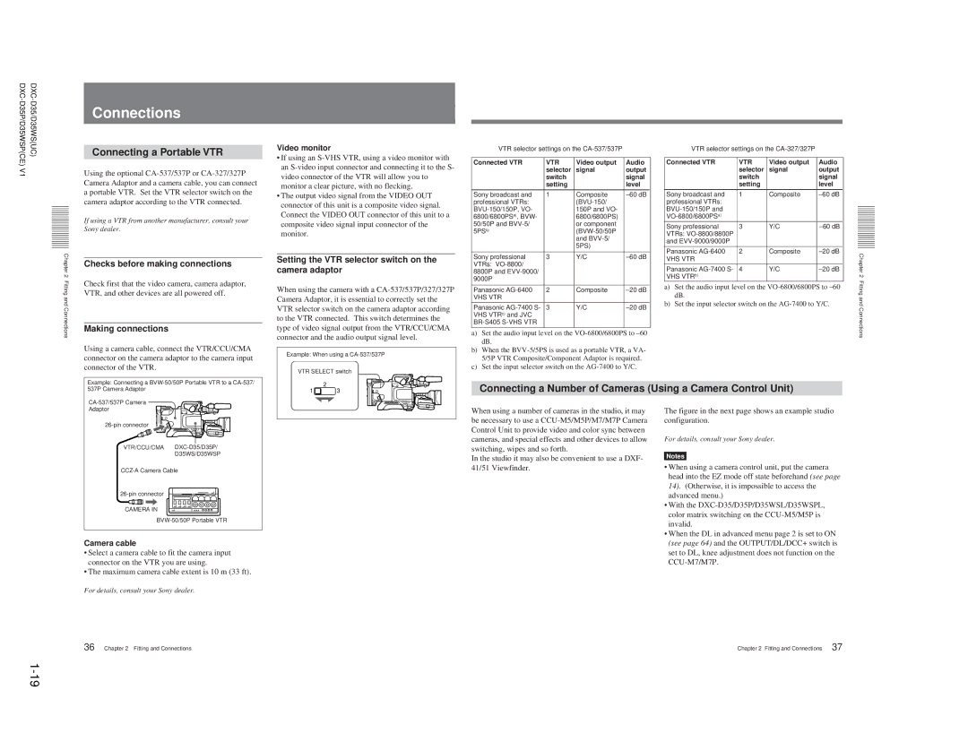 Sony DXC-D35 Connections, Connecting a Portable VTR, Connecting a Number of Cameras Using a Camera Control Unit 