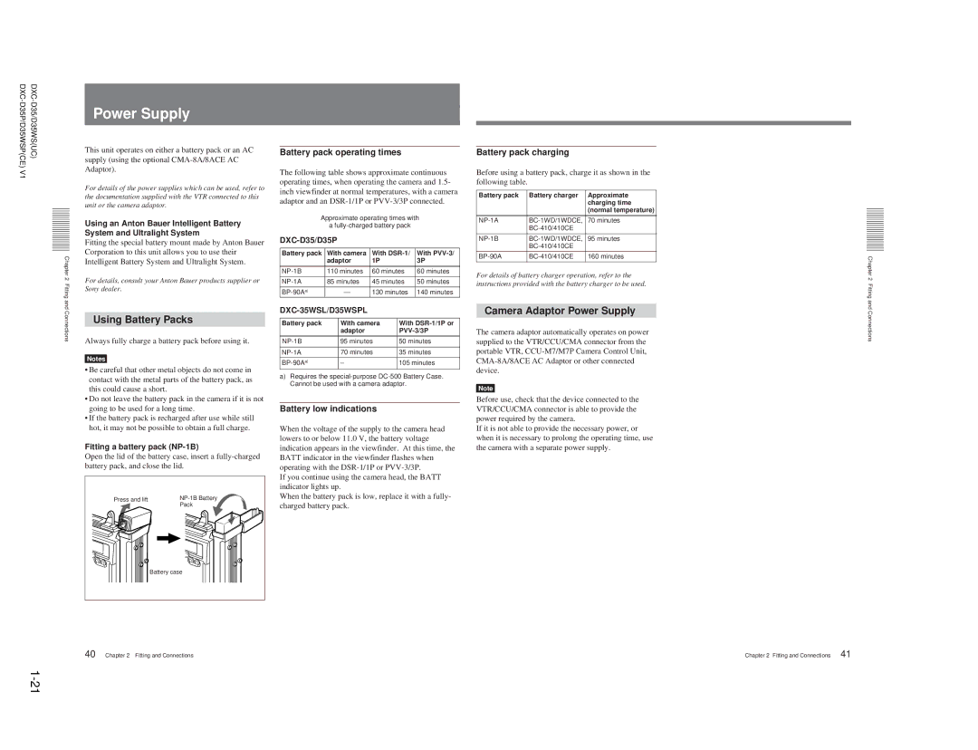 Sony DXC-D35 service manual Using Battery Packs, Camera Adaptor Power Supply 