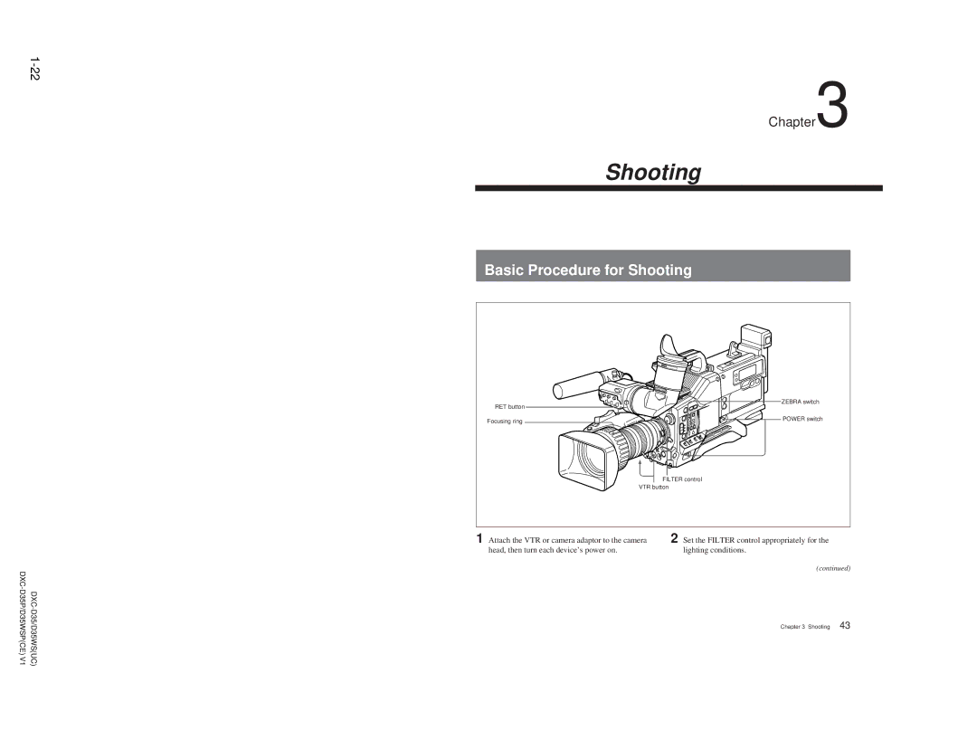 Sony DXC-D35 service manual Basic Procedure for Shooting, Attach the VTR or camera adaptor to the camera 