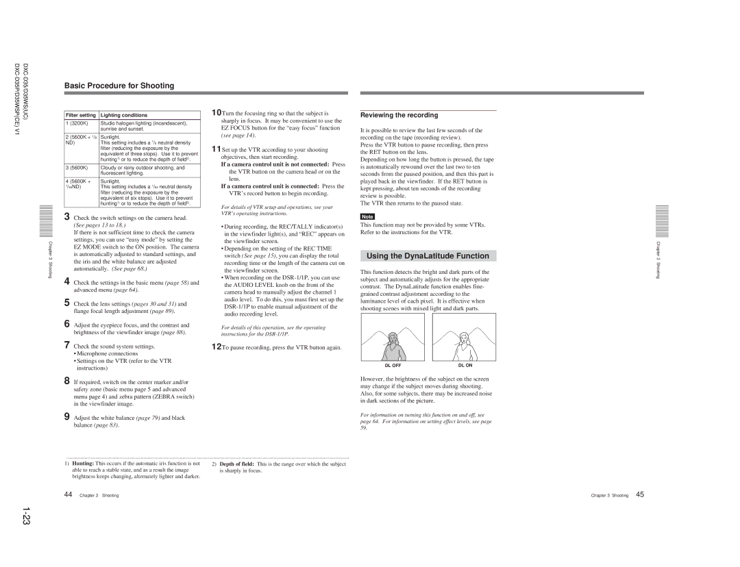 Sony DXC-D35 service manual Basic Procedure for Shooting, Using the DynaLatitude Function, Reviewing the recording 