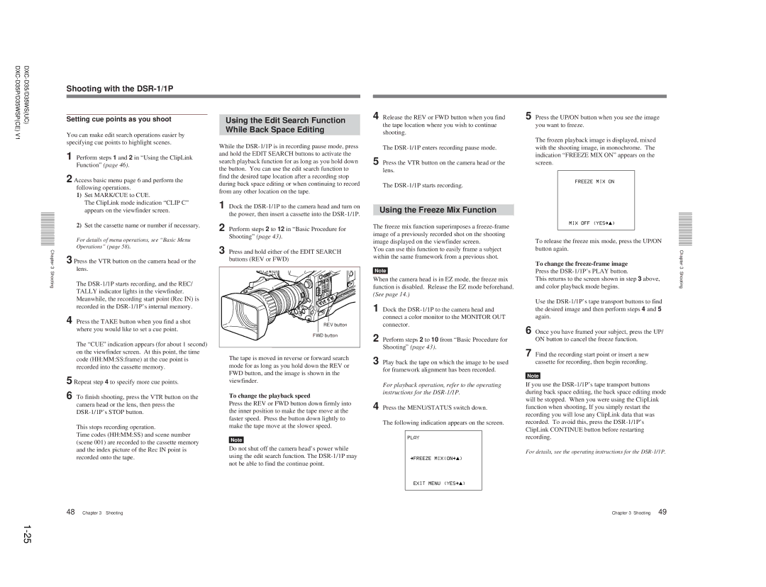 Sony DXC-D35 service manual Shooting with the DSR-1/1P, Using the Edit Search Function While Back Space Editing 