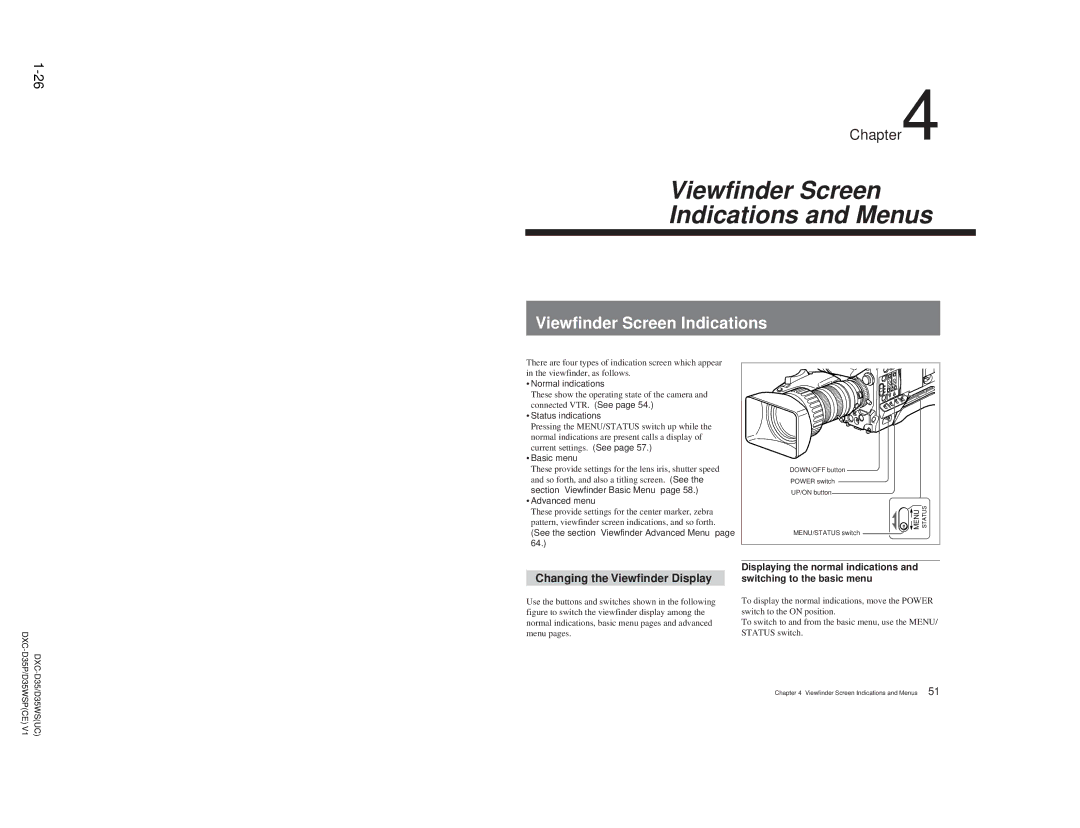 Sony DXC-D35 service manual Viewfinder Screen Indications, Changing the Viewfinder Display 