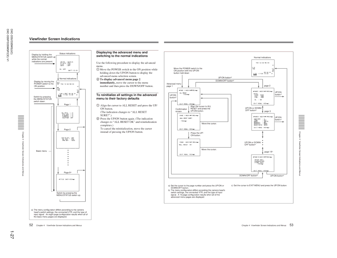 Sony DXC-D35 service manual Viewfinder Screen Indications, To display advanced menu, Indication changes to ALL Reset 