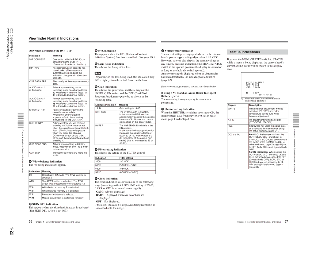 Sony DXC-D35 service manual Viewfinder Normal Indications, Status Indications 