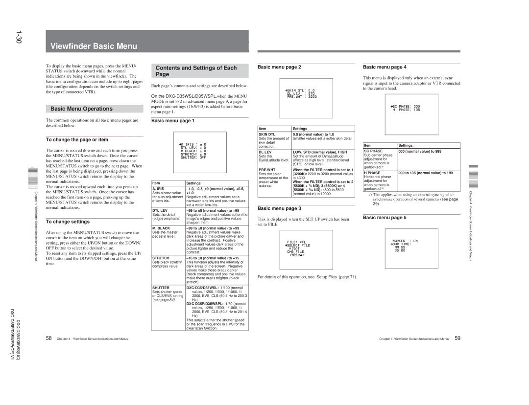 Sony DXC-D35 service manual 30Viewfinder Basic Menu, Basic Menu Operations, Contents and Settings of Each 