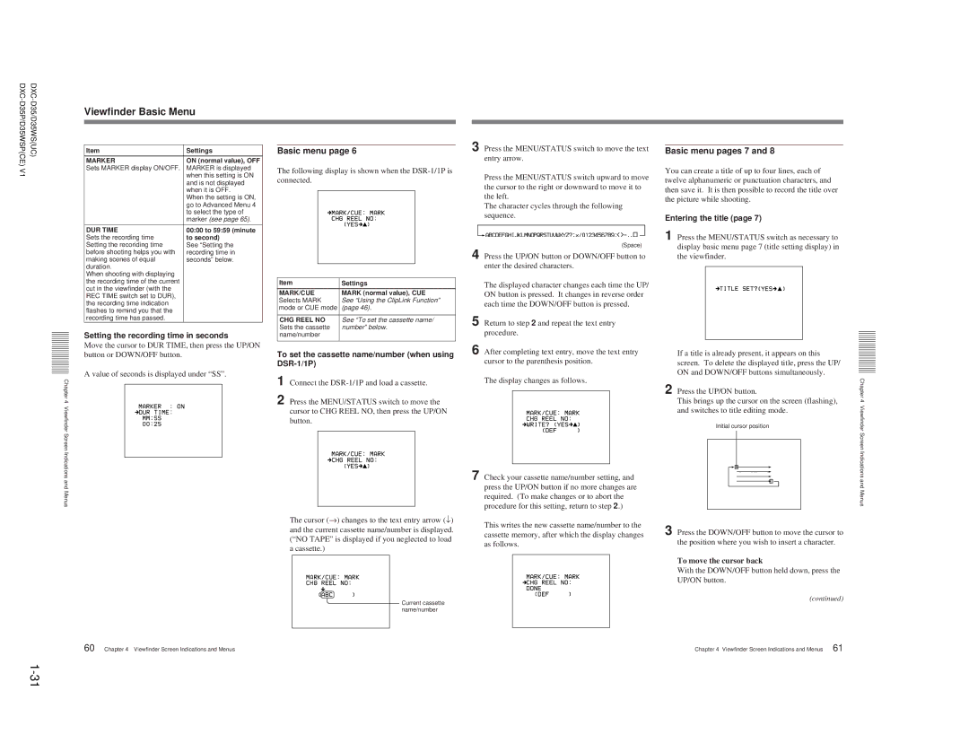 Sony DXC-D35 service manual Setting the recording time in seconds, To move the cursor back 