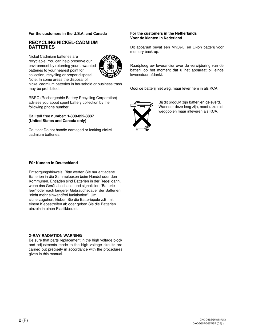 Sony DXC-D35 service manual Recycling NICKEL-CADMIUM Batteries 