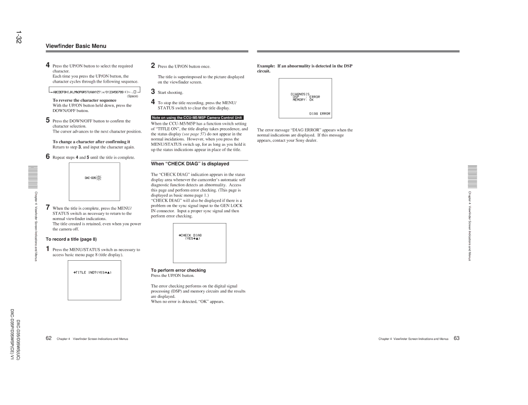 Sony DXC-D35 Viewfinder Basic Menu, When Check Diag is displayed, To record a title, To perform error checking 