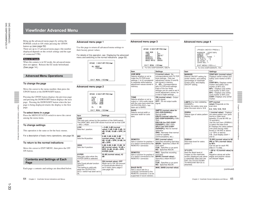 Sony DXC-D35 service manual Advanced Menu Operations, Advanced menu, To change, To return to the normal indications 