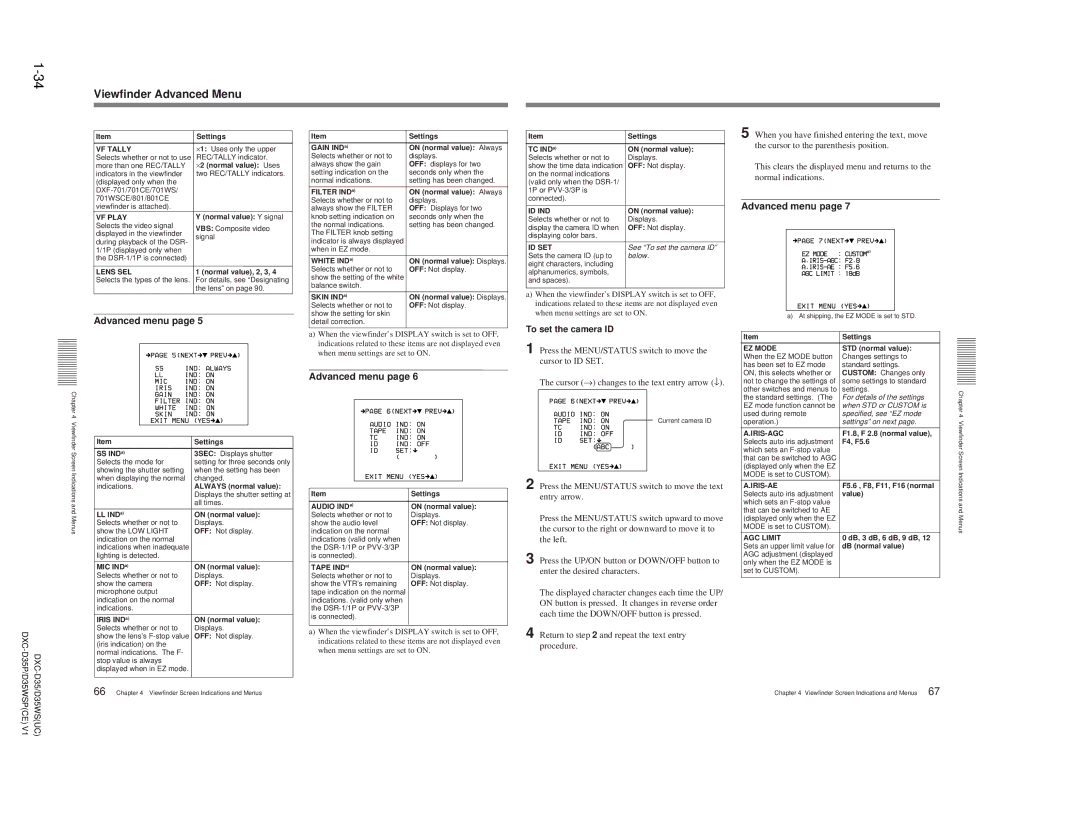 Sony DXC-D35 service manual Viewfinder Advanced Menu, To set the camera ID 