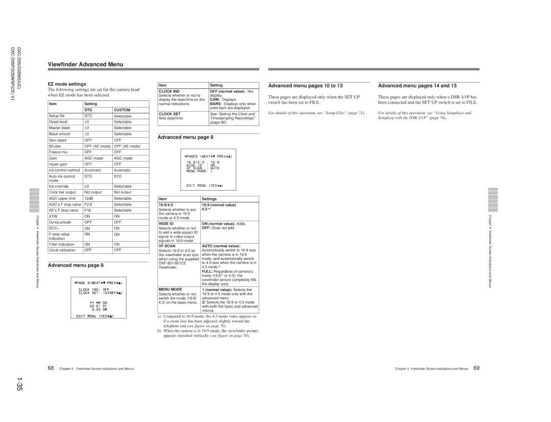 Sony DXC-D35 Advanced menu pages 10 to, Advanced menu pages 14, EZ mode settings, Setting OFF normal value Not 