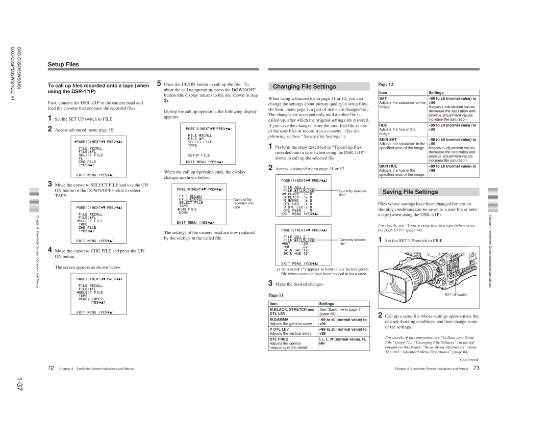 Sony DXC-D35 Setup Files, Changing File Settings, Saving File Settings, To call up files recorded onto a tape when 