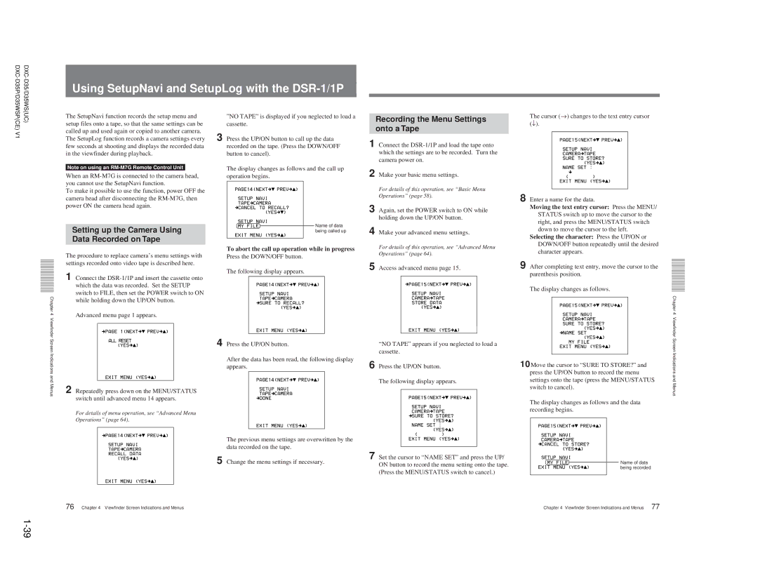 Sony DXC-D35 service manual Recording the Menu Settings onto a Tape, Setting up the Camera Using Data Recorded on Tape 