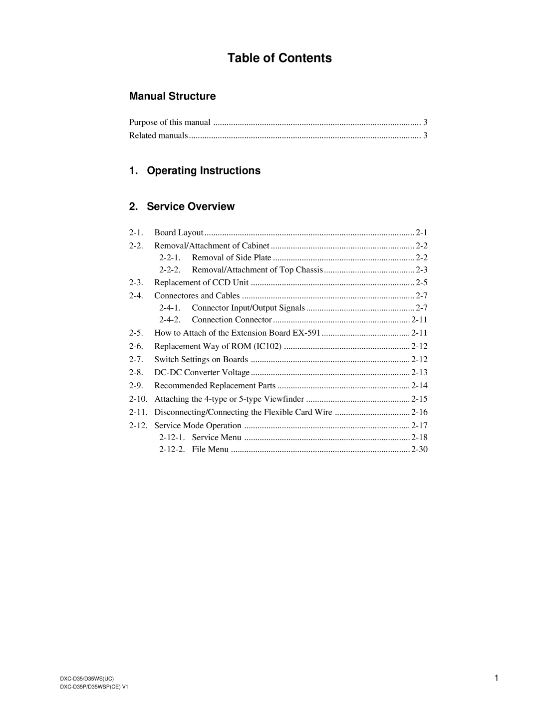 Sony DXC-D35 service manual Table of Contents 