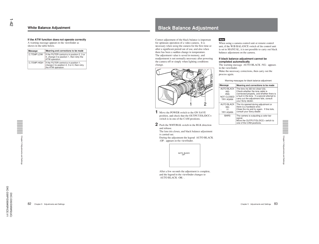 Sony DXC-D35 service manual Black Balance Adjustment, Shown in the table below 