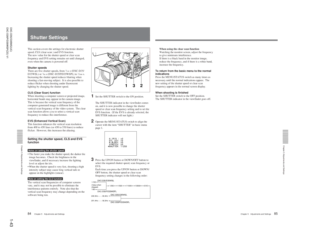 Sony DXC-D35 service manual Shutter Settings, Function 