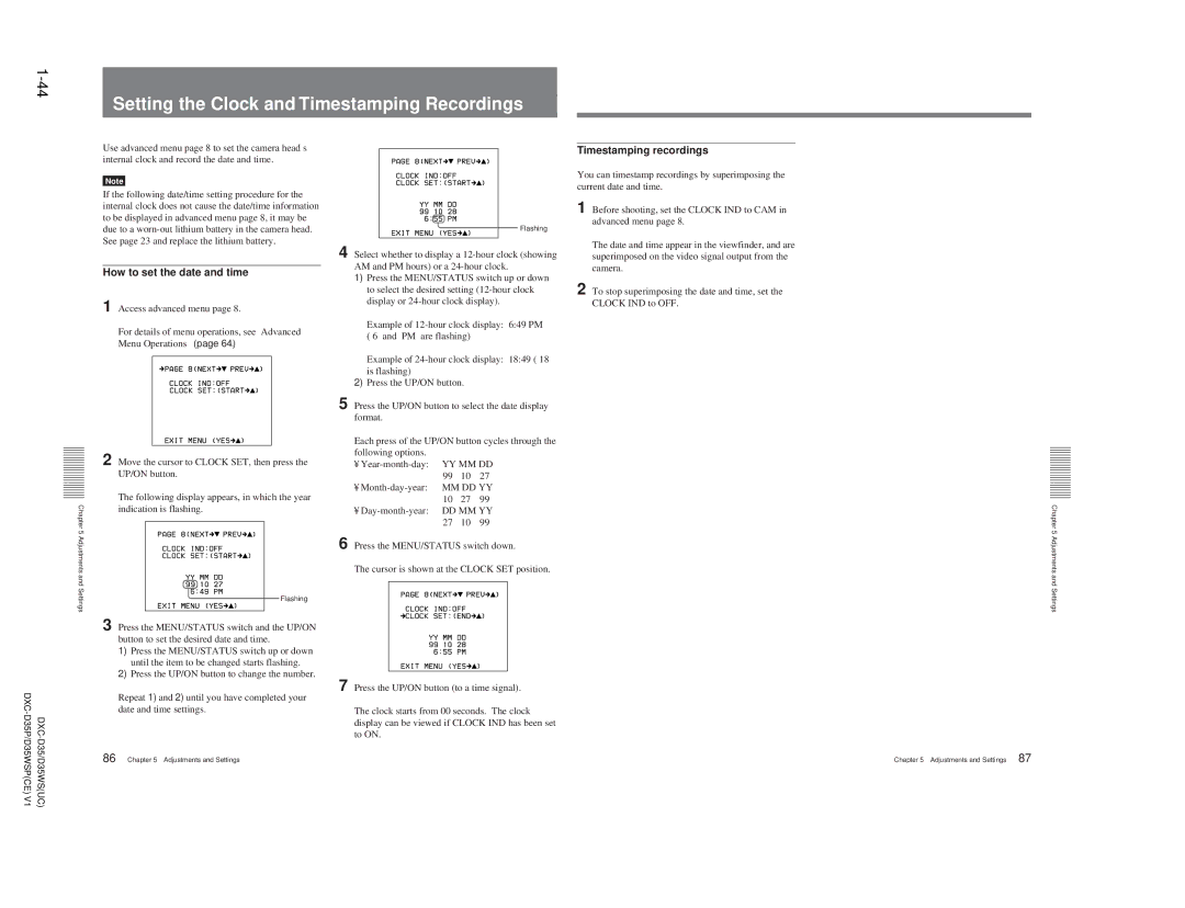 Sony DXC-D35 Setting the Clock and Timestamping Recordings, How to set the date and time, Timestamping recordings 