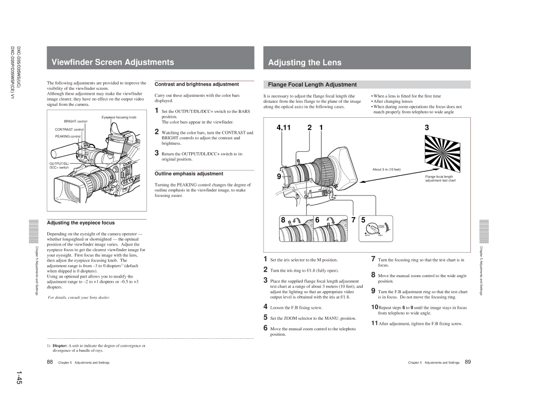 Sony DXC-D35 service manual Viewfinder Screen Adjustments Adjusting the Lens, Contrast and brightness adjustment, Position 