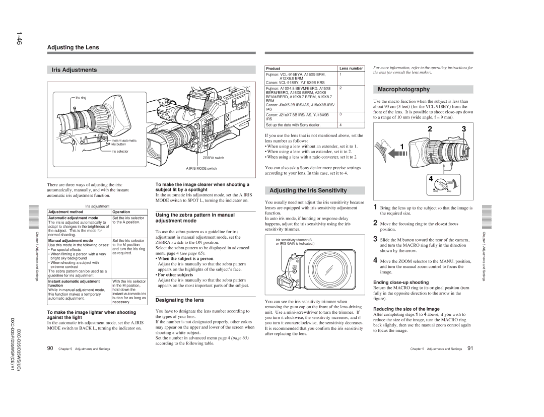 Sony DXC-D35 Adjusting the Lens Iris Adjustments, Macrophotography, Adjusting the Iris Sensitivity, Designating the lens 