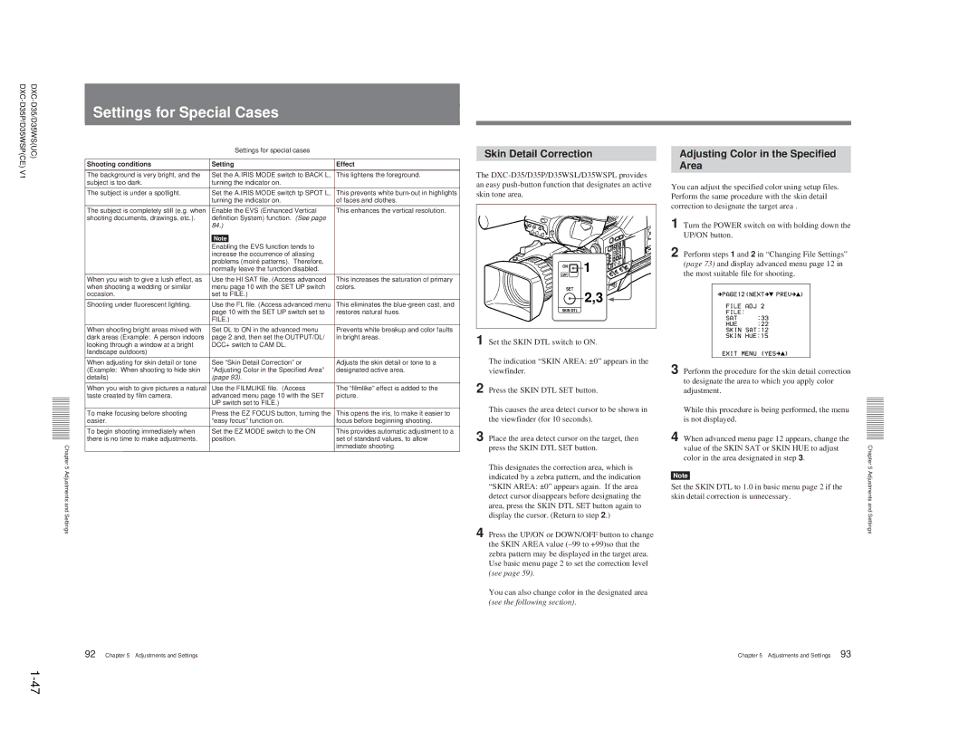 Sony DXC-D35 service manual Settings for Special Cases, Skin Detail Correction, Adjusting Color in the Specified Area 