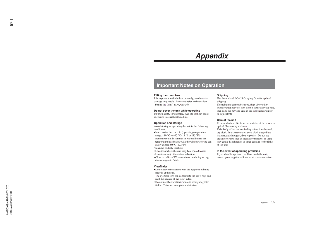 Sony DXC-D35 service manual Important Notes on Operation 