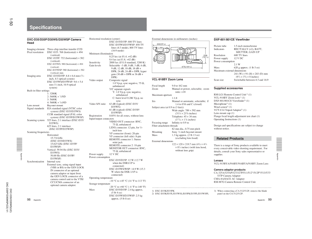 Sony DXC-D35 service manual 50Specifications, Related Products 