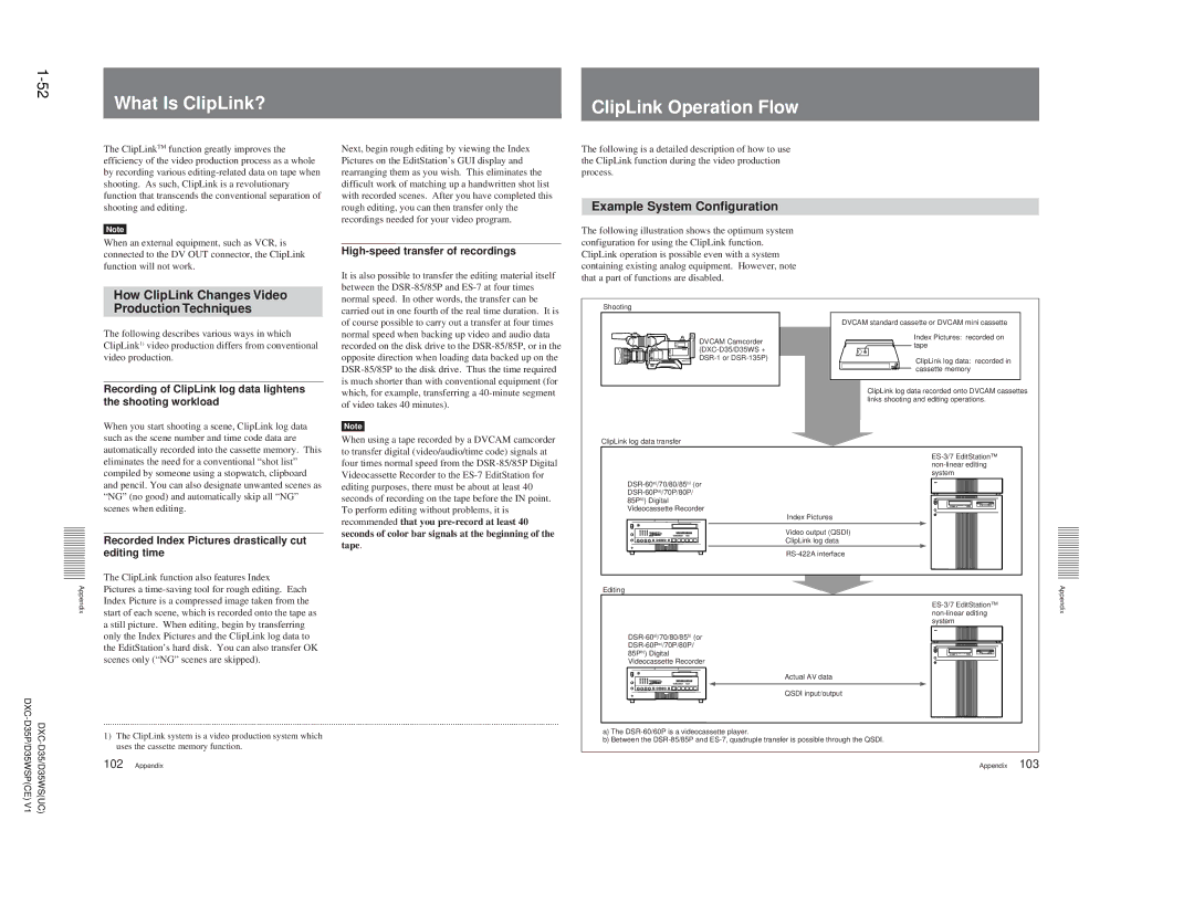 Sony DXC-D35 52What Is ClipLink? ClipLink Operation Flow, Example System Configuration, High-speed transfer of recordings 