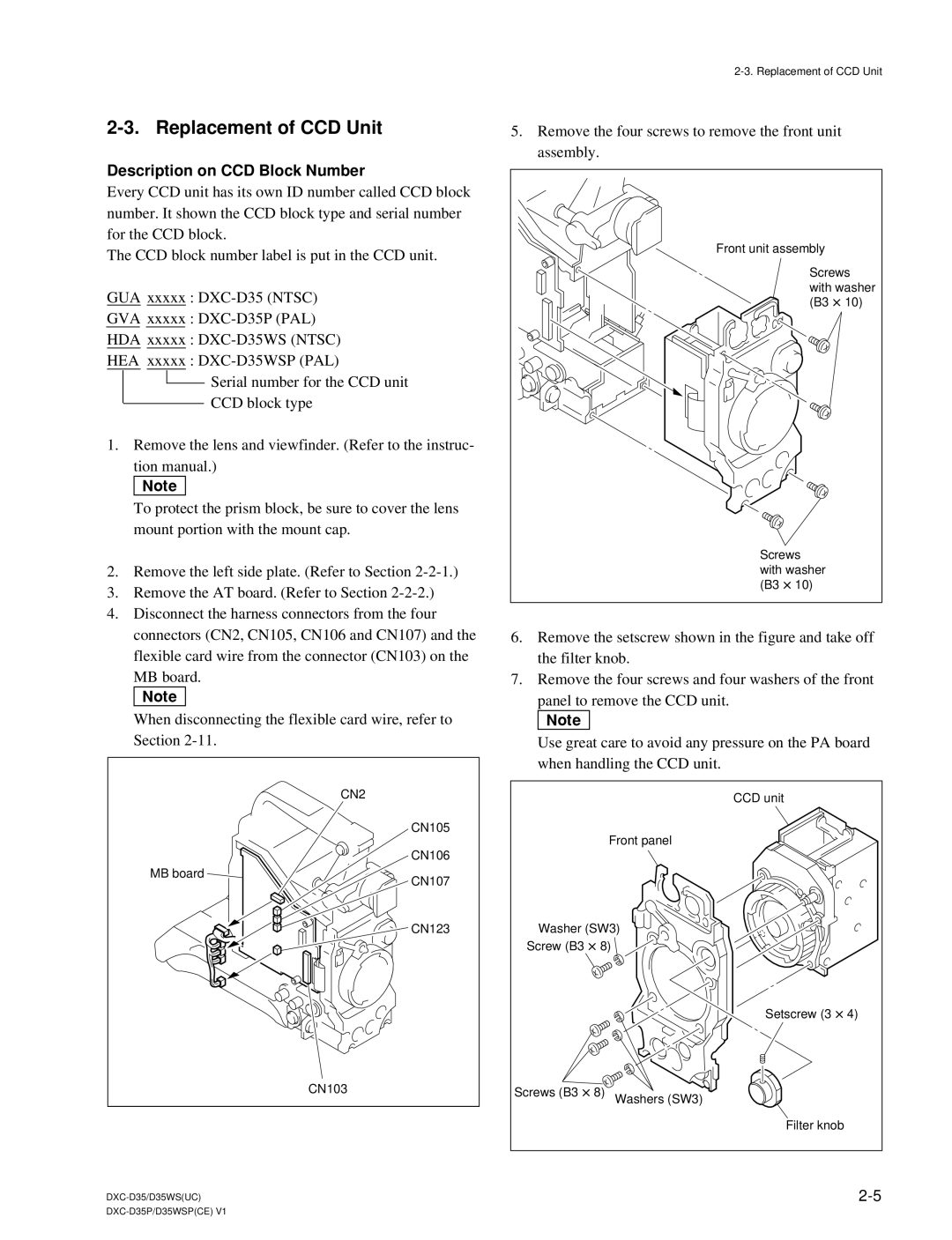 Sony DXC-D35 service manual Replacement of CCD Unit, Description on CCD Block Number 