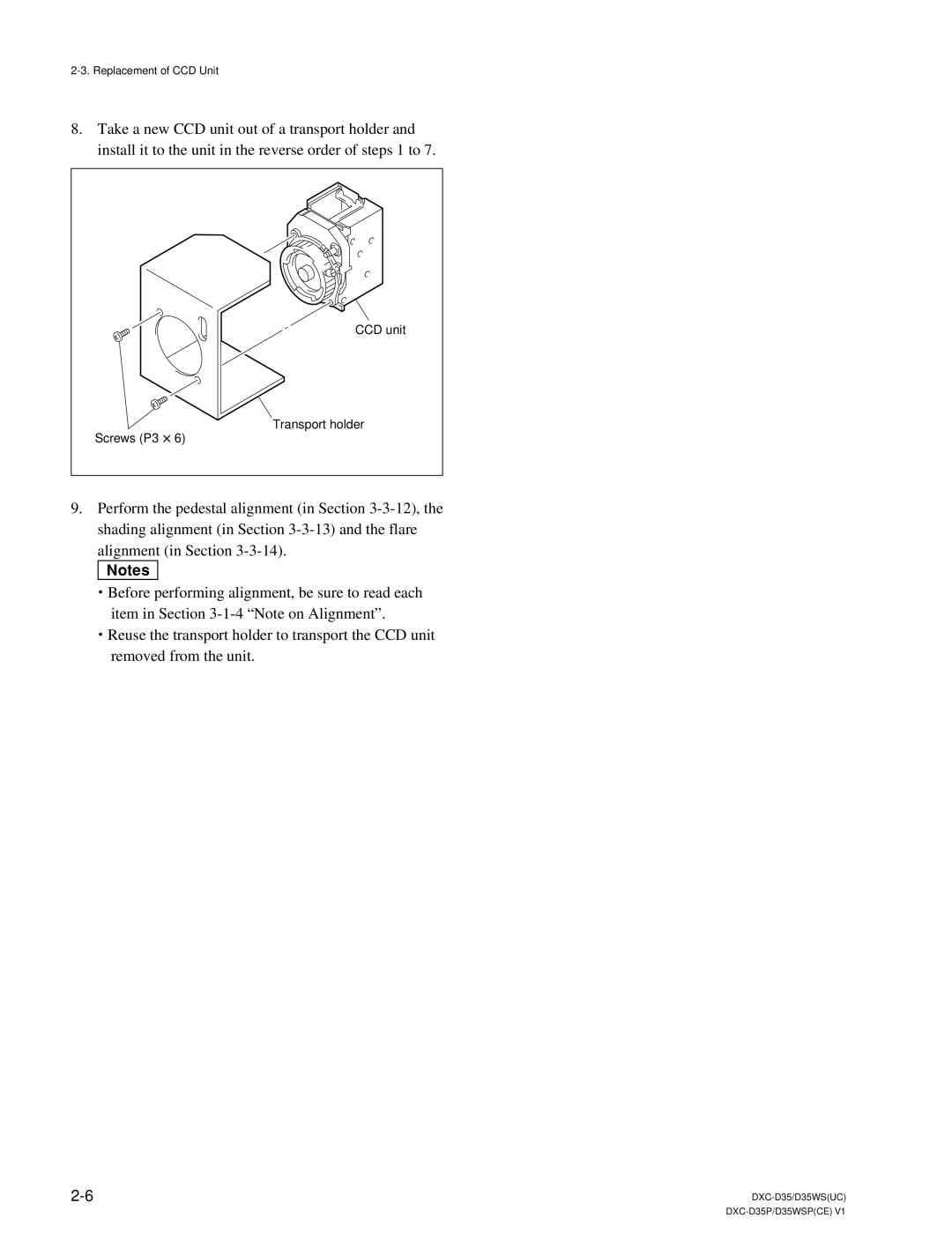 Sony DXC-D35 service manual CCD unit Transport holder Screws P3 