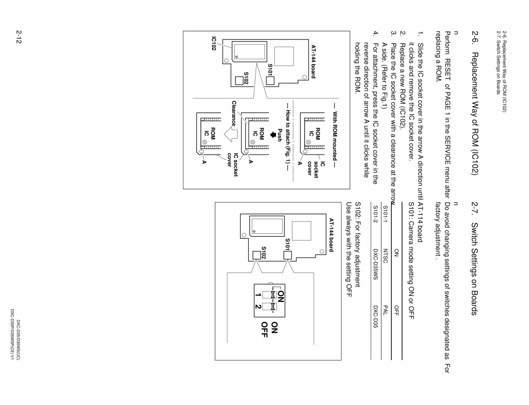 Sony DXC-D35 service manual Replacement Way of ROM IC102, Switch Settings on Boards, AT-114 board 