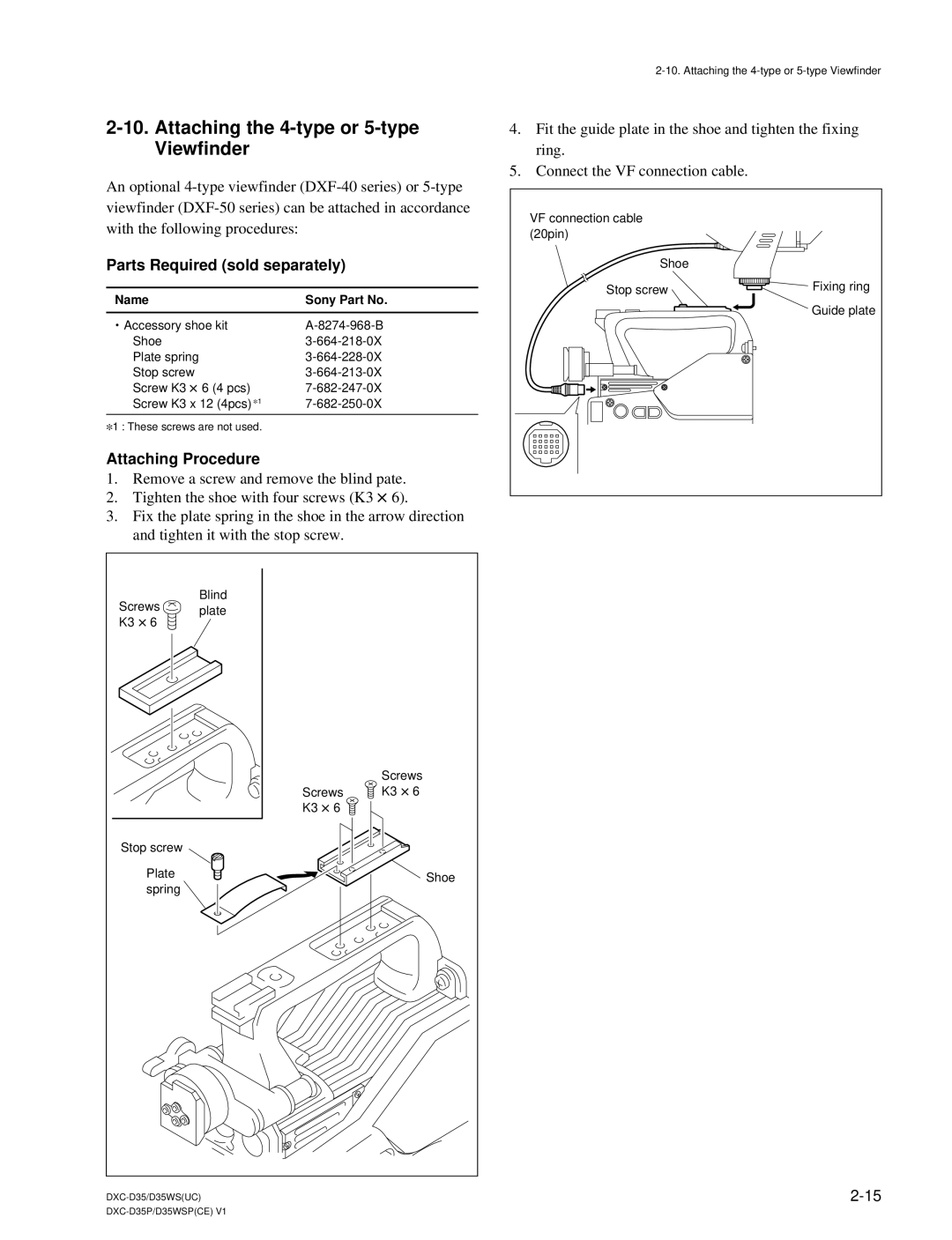 Sony DXC-D35 service manual Attaching the 4-type or 5-type Viewfinder, Parts Required sold separately, Attaching Procedure 