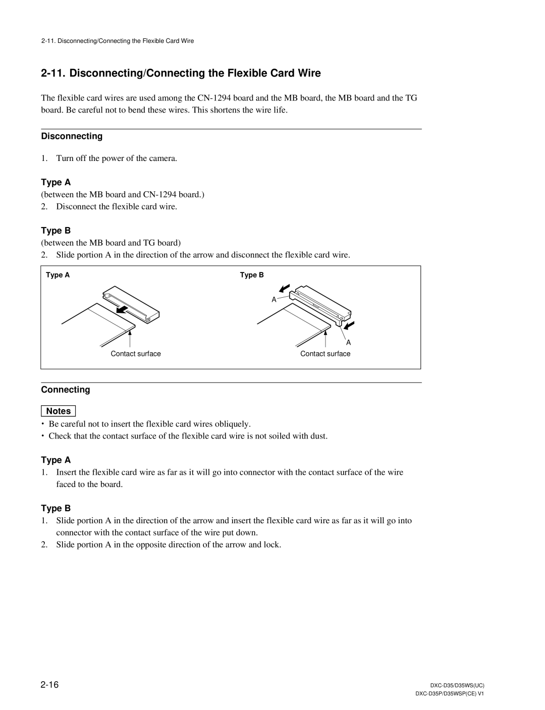 Sony DXC-D35 service manual Disconnecting/Connecting the Flexible Card Wire, Type a, Type B 