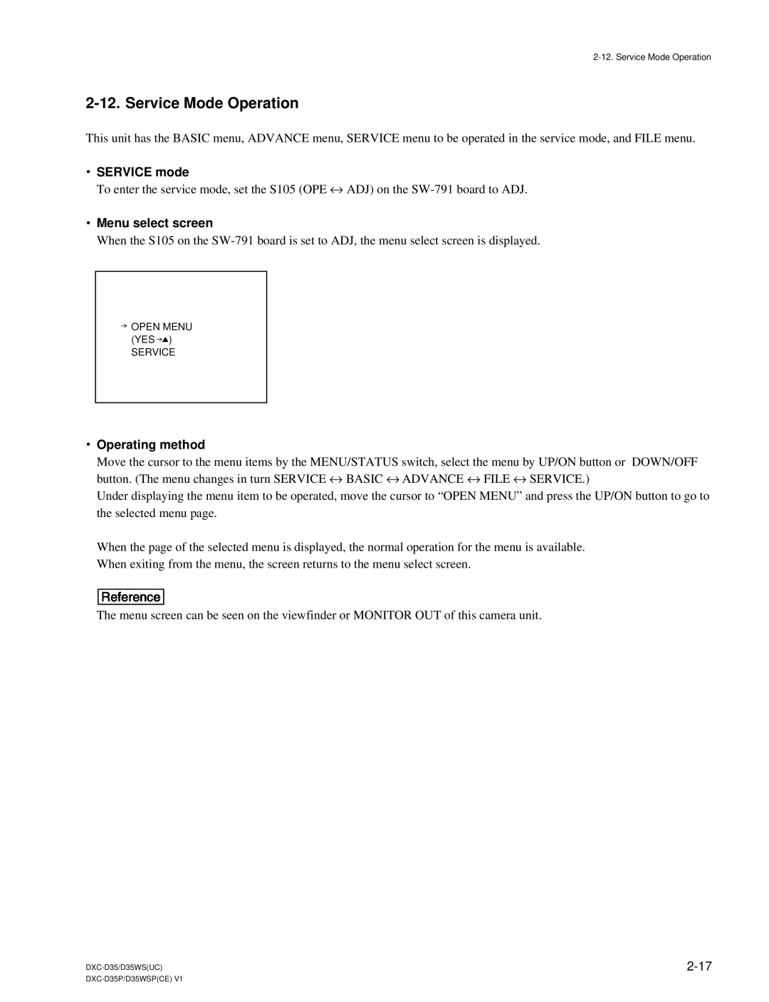 Sony DXC-D35 service manual Service Mode Operation, Service mode, Menu select screen, Operating method 