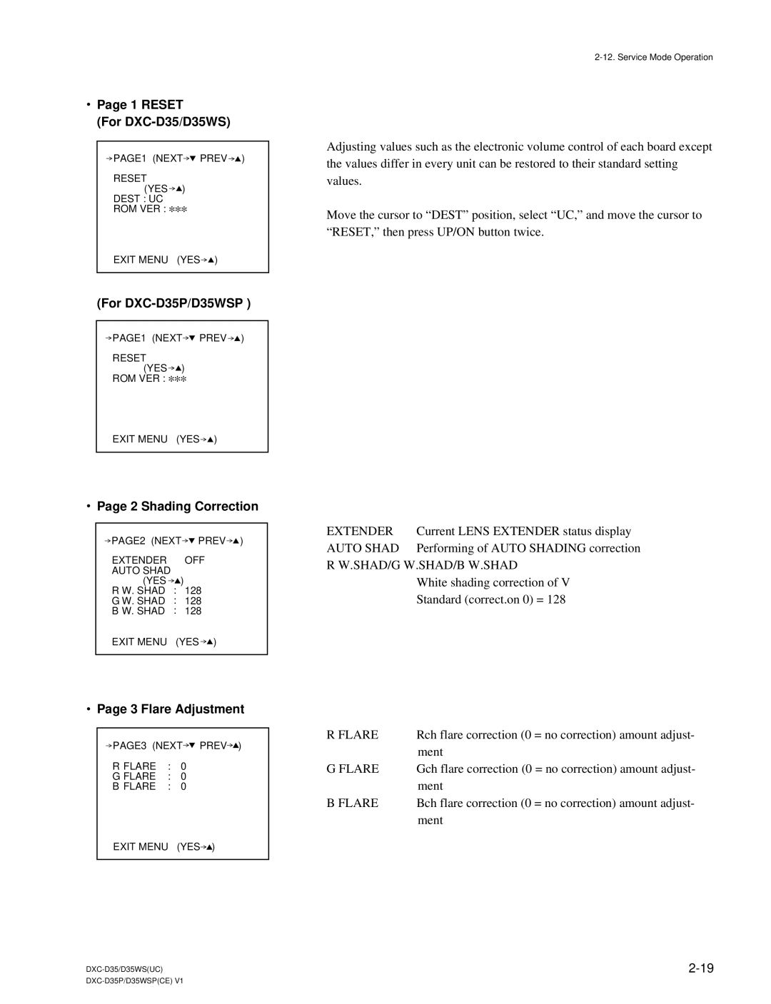 Sony service manual Reset For DXC-D35/D35WS, For DXC-D35P/D35WSP, Shading Correction, Flare Adjustment 