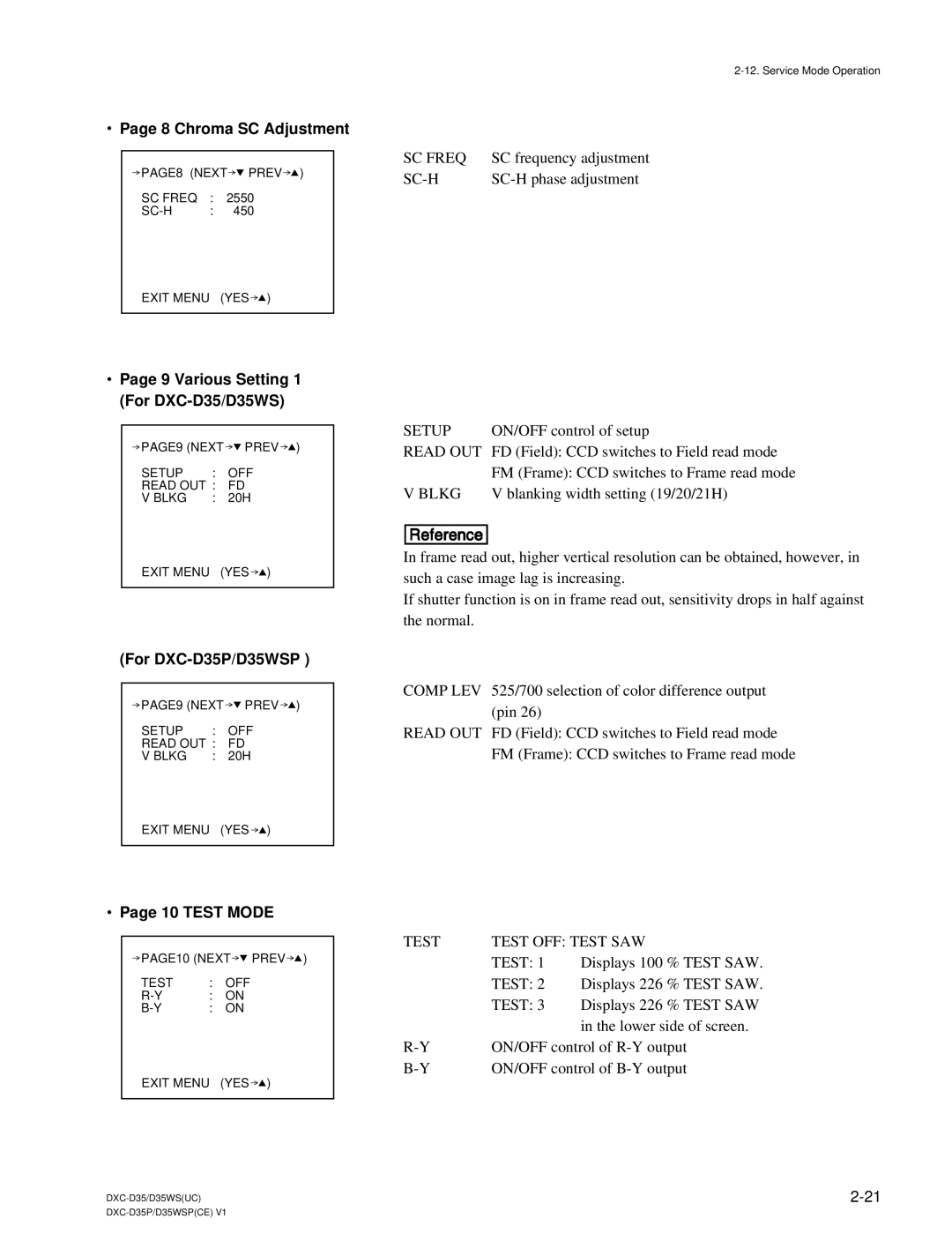 Sony service manual Chroma SC Adjustment, Various Setting 1 For DXC-D35/D35WS, Test Mode 