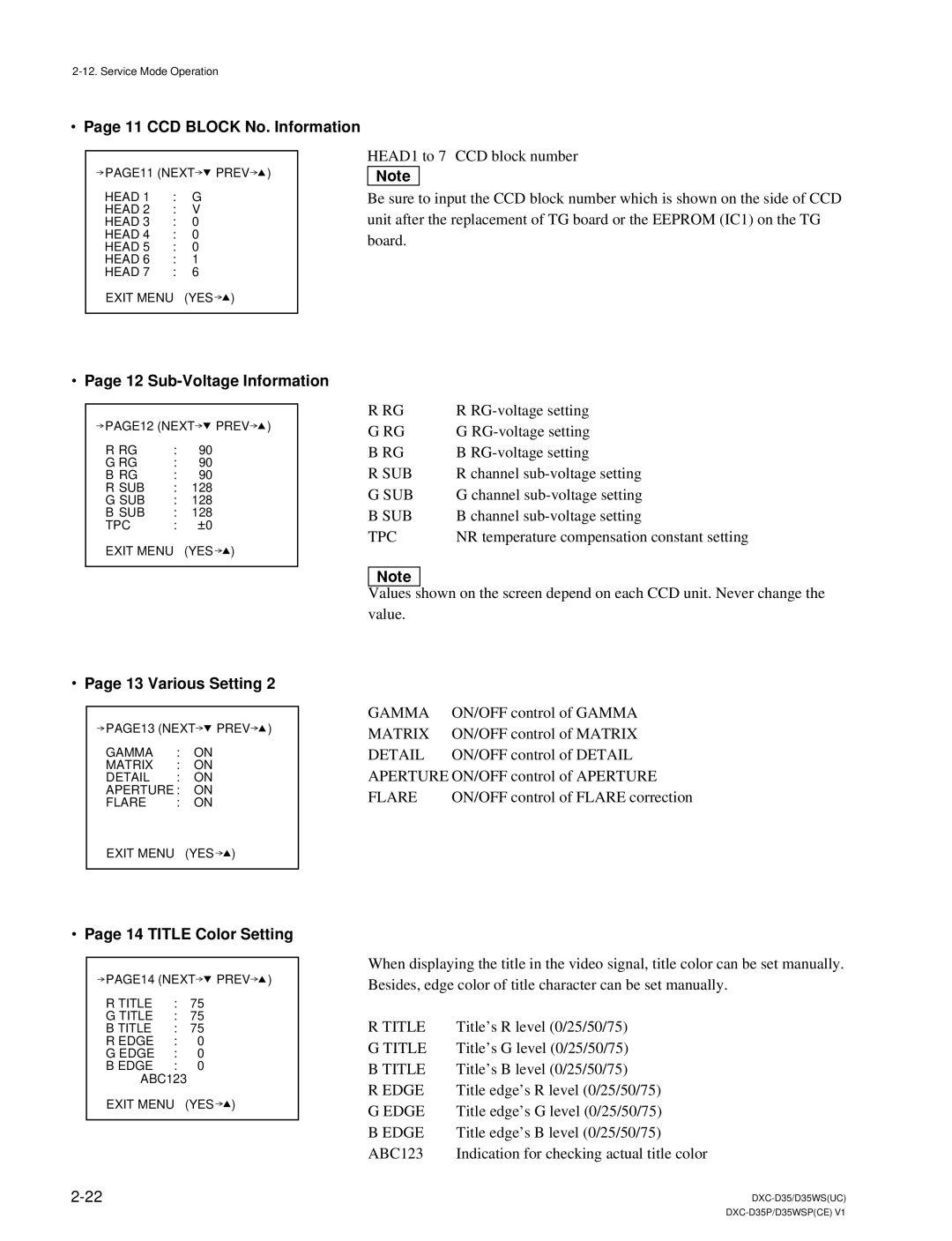 Sony DXC-D35 service manual CCD Block No. Information, Sub-Voltage Information, Various Setting, Title Color Setting 