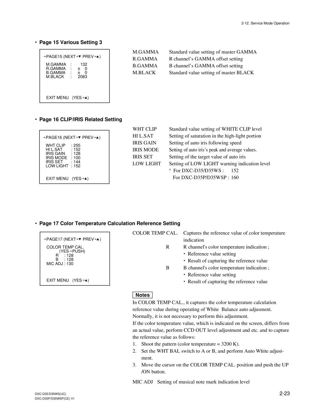 Sony DXC-D35 service manual Various Setting, CLIP/IRIS Related Setting, Color Temperature Calculation Reference Setting 