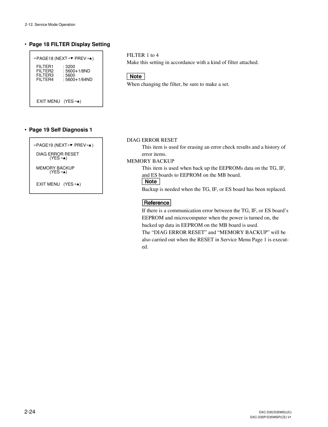 Sony DXC-D35 service manual Filter Display Setting, Self Diagnosis, Diag Error Reset, Memory Backup 